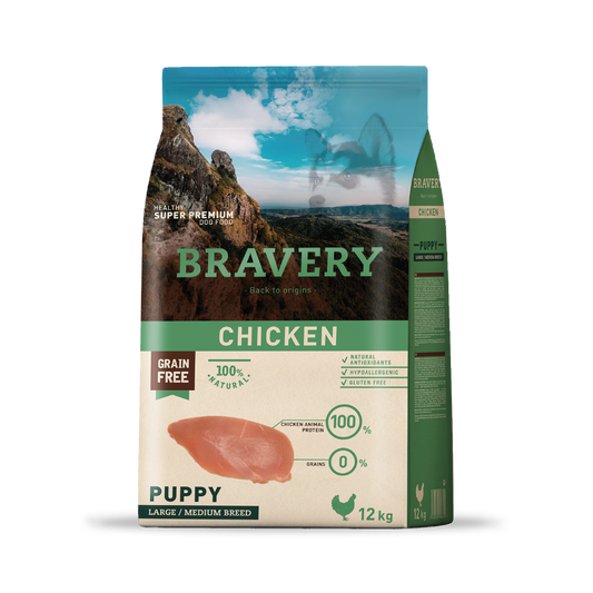 Alimento Bravery Puppy Para Perro Cachorro De Raza Mediana Y Grande Sabor Pollo En Bolsa De 12kg